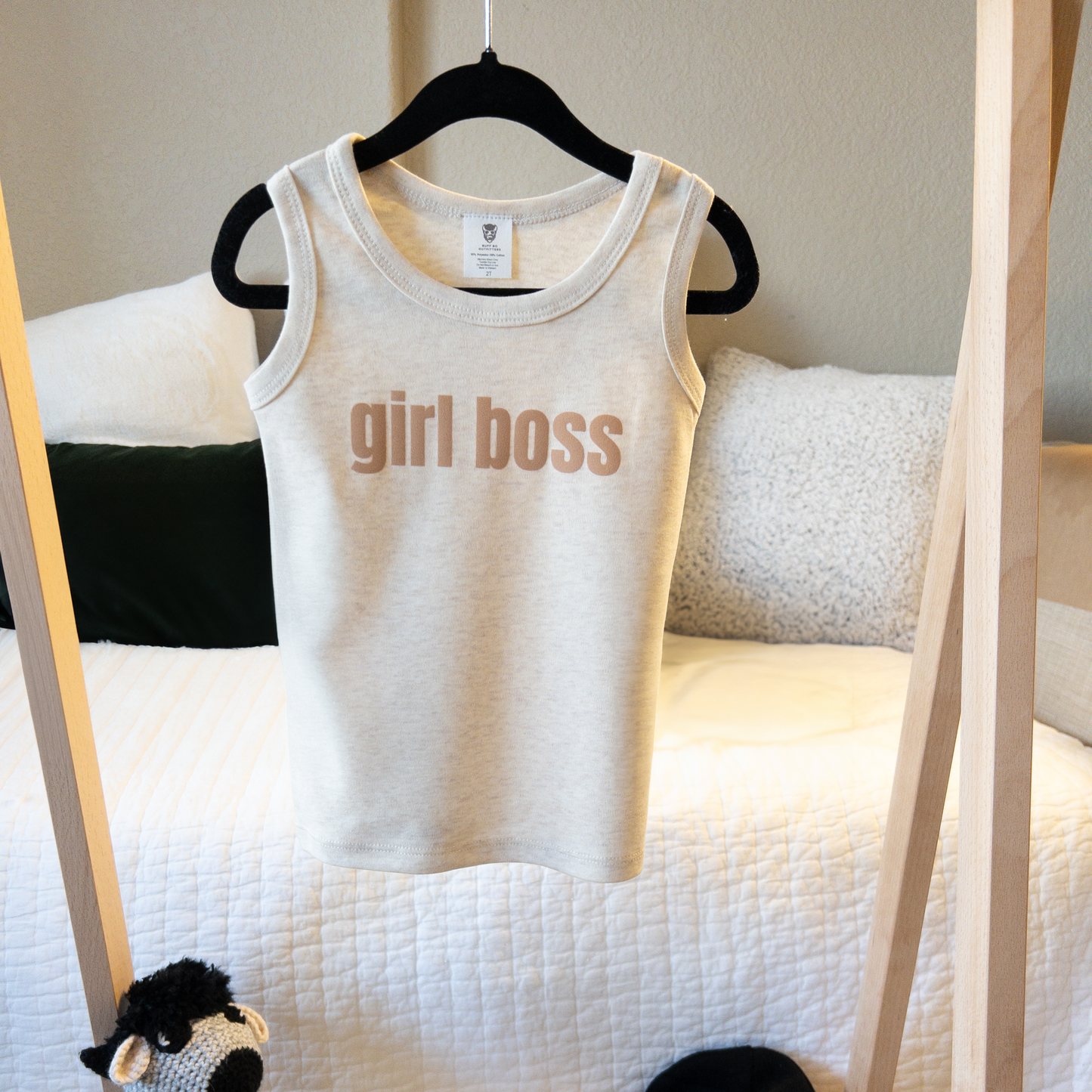 Girl Boss Beige Mock Velvet Letter Toddler Tank Top