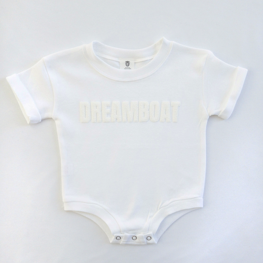Dreamboat White on White Puff Letters Toddler T-Shirt or Baby Bodysuit
