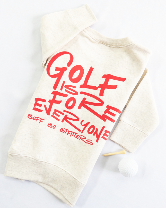 Beige hoodie with red text 'GOLF IS FOR EVERYONE' on a white background