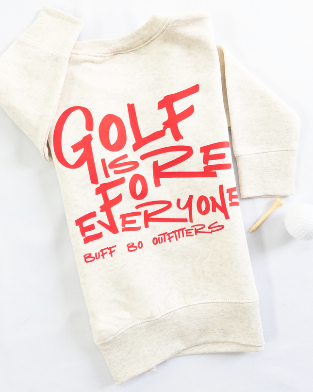 Beige sweatshirt with red text 'GOLF IS FOR EVERYONE' on a white background