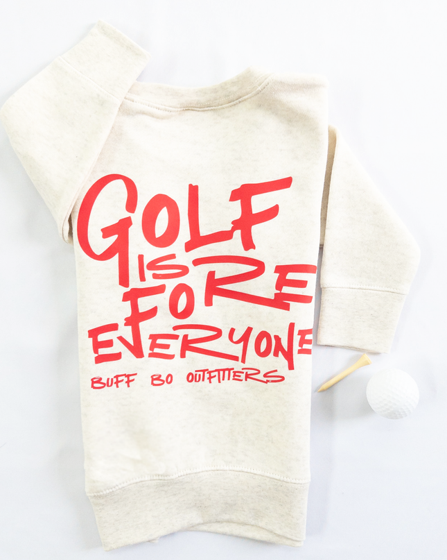 Beige golf sweatshirt with red text on a white background