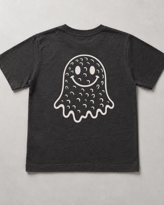 A dark charcoal gray short-sleeve t-shirt with a white graphic of a cute, smiling ghost on the front, laid flat against a light gray textured background.