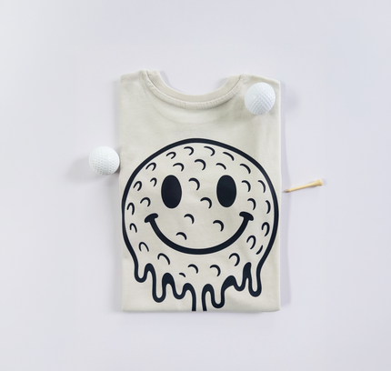 Baby onesie with a smiley face design on a white background