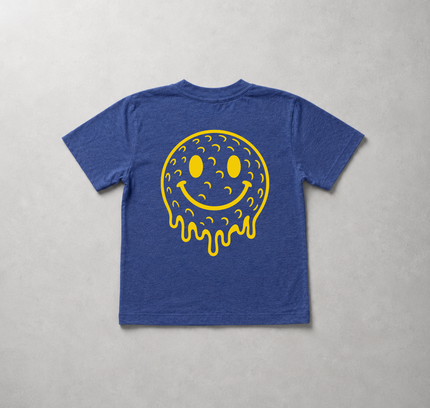 A heather blue short-sleeve t-shirt shown flat against a textured gray background, featuring a large yellow dripping smiley face graphic on the front.