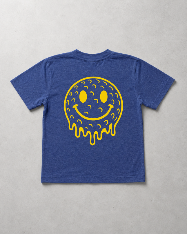 A heather blue short-sleeve t-shirt shown flat against a textured gray background, featuring a large yellow dripping smiley face graphic on the front.