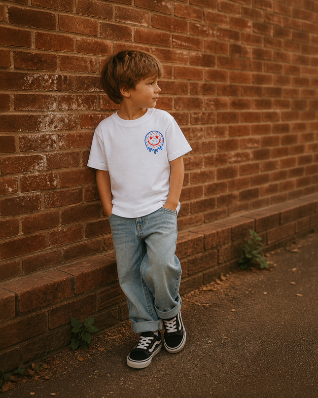 Child wearing a white t-shirt with a logo and blue jeans standing against a brick wall.
