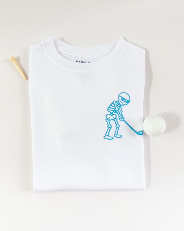 White t-shirt with blue graphic of a person playing golf on a white background