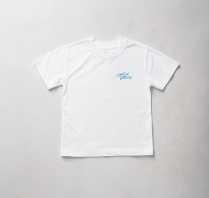A white short-sleeve crewneck t-shirt with a small blue 'CHASIN' BONES' logo printed on the left chest, laid flat on a light gray textured background.