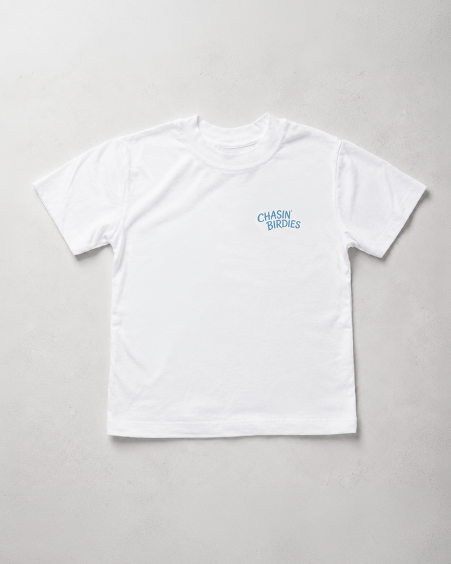 A white short-sleeve crewneck t-shirt with a small blue 'CHASIN' BONES' logo printed on the left chest, laid flat on a light gray textured background.