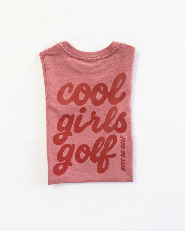 Red tank top with 'cool girls golf' text on a white background
