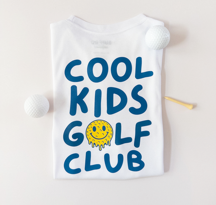 White tank top with 'Cool Kids Golf Club' text and smiley face design on a light background