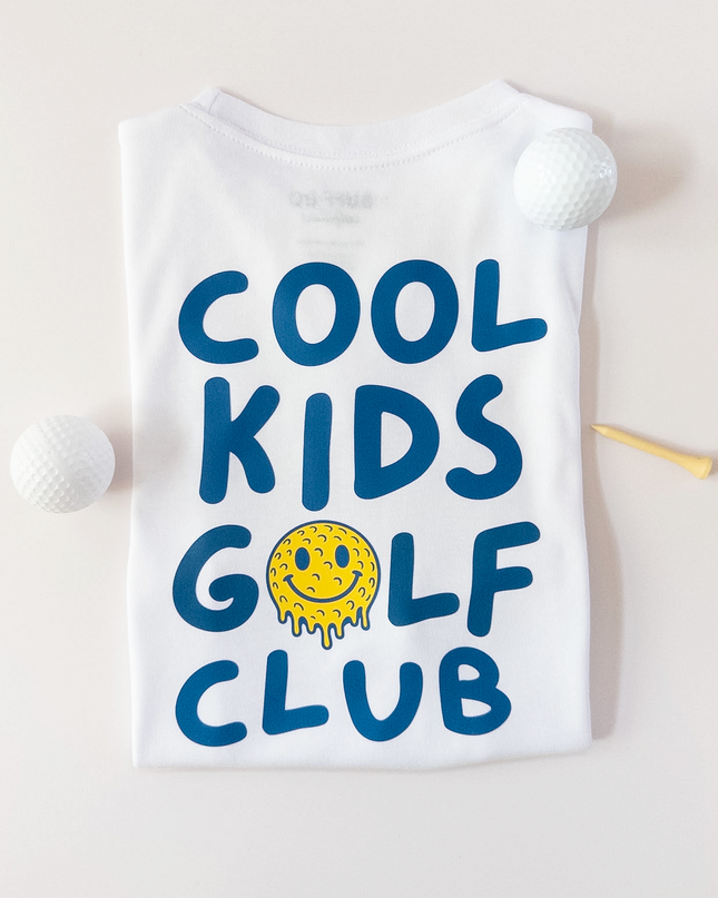 White tank top with 'Cool Kids Golf Club' text and smiley face design on a light background