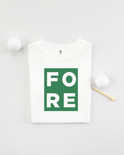 FORE Block Letters Golf T-shirt on light grey background
