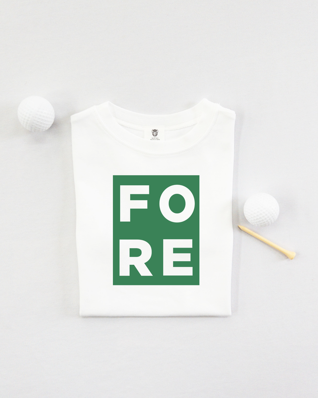 FORE Block Letters Golf T-shirt on light grey background