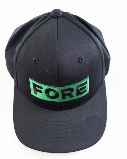 Black golf hat with bold green embroidered patch reading 'FORE,' modern and stylish headwear for golfers, displayed on a simple light background.