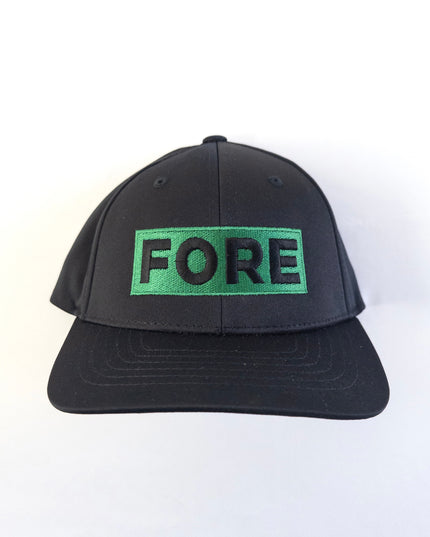 Black golf hat with bold green embroidered patch reading 'FORE,' modern and stylish headwear for golfers, displayed on a simple light background.