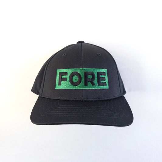 Black golf hat with bold green embroidered patch reading 'FORE,' modern and stylish headwear for golfers, displayed on a simple light background.