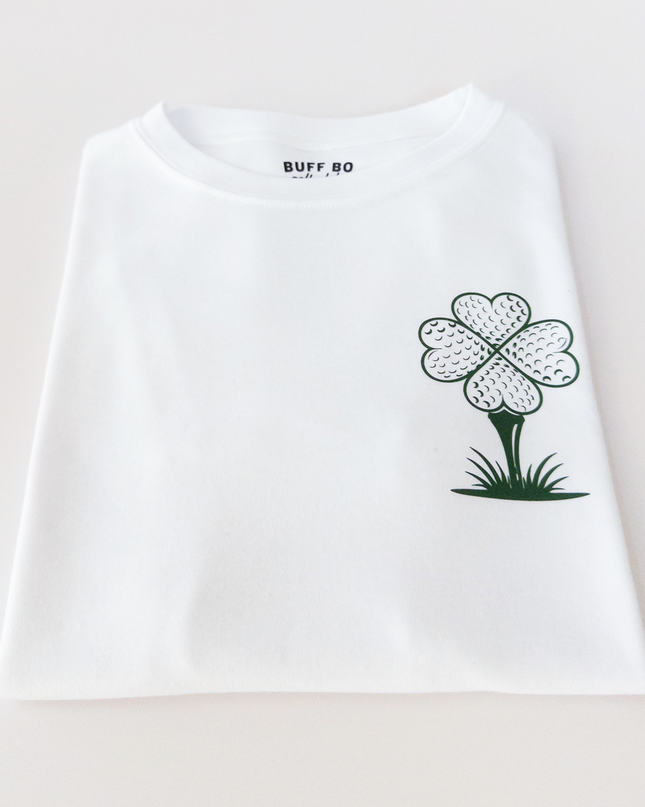 White t-shirt with a graphic design on a light gray background