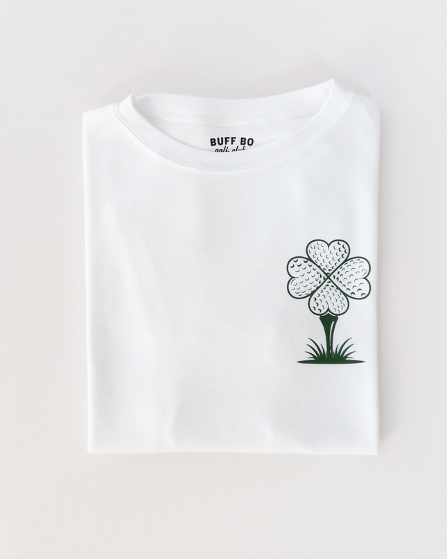 White t-shirt with a four-leaf clover design on a white background