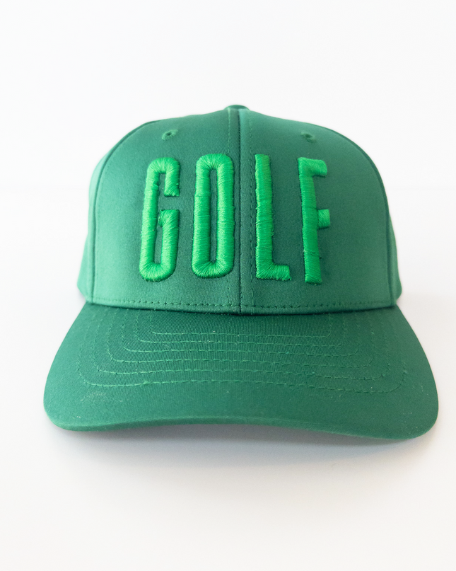 Green cap with 'GOLF' text on a white background