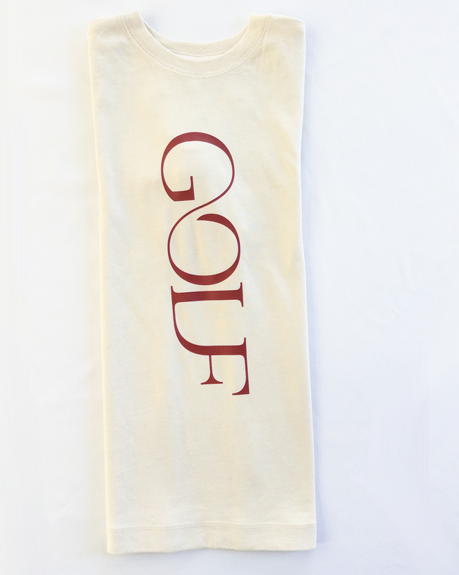Beige tank top with 'GOLF' printed in red on a white background