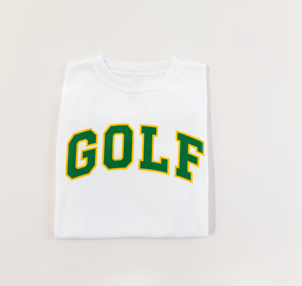 White t-shirt with 'GOLF' printed in green and yellow on a light gray background