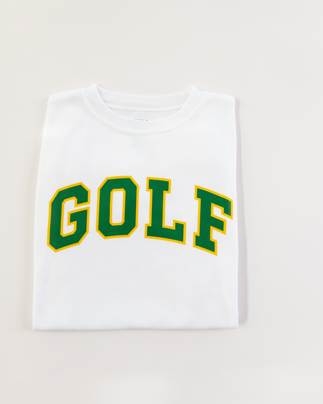 White t-shirt with 'GOLF' printed in green and yellow on a light gray background