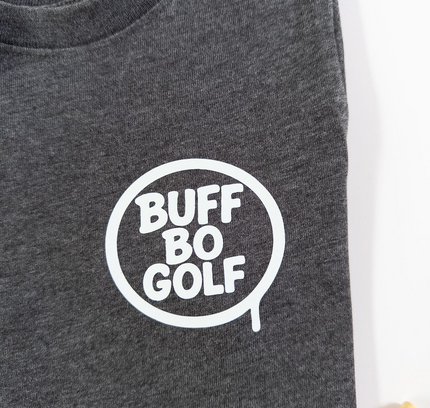 Gray t-shirt with 'BUFF BO GOLF' logo on a white background