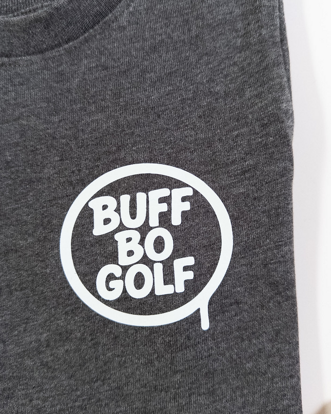 Gray t-shirt with 'BUFF BO GOLF' logo on a white background