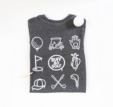 Gray tank top with white golf-themed graphics on a white background