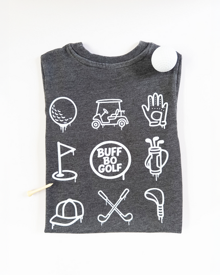 Gray tank top with white golf-themed graphics on a white background