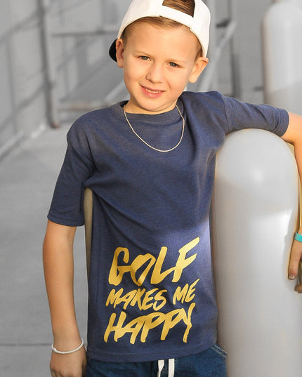 Child wearing a navy blue t-shirt with 'Golf Makes Me Happy' text, standing against a neutral background.