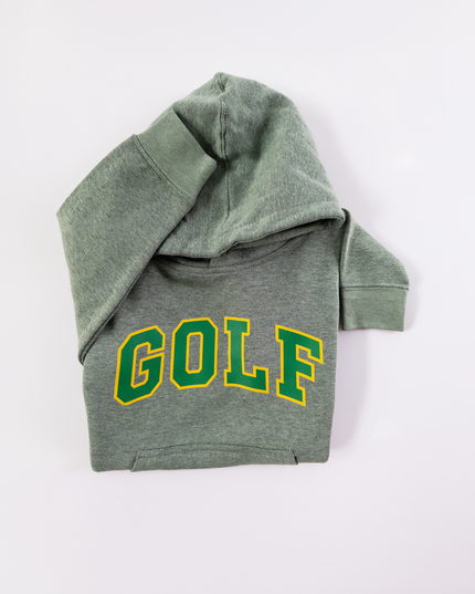 Folded gray hoodie with 'GOLF' text on a white background