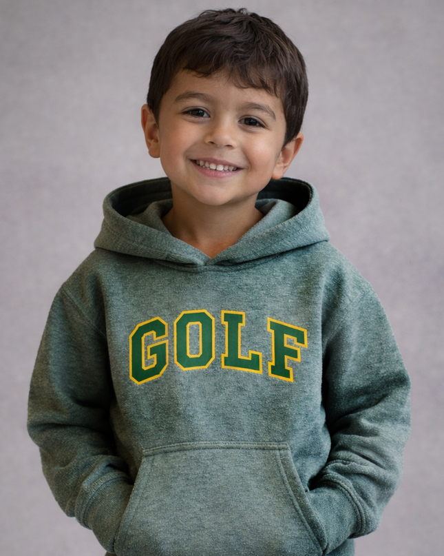 Child wearing a green hoodie with 'GOLF' text on a gray background