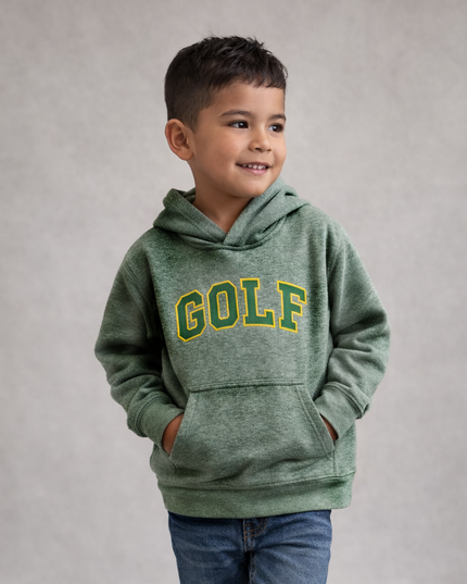 Child wearing a green 'GOLF' hoodie on a gray background