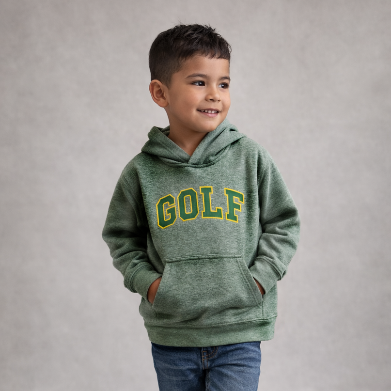 Child wearing a green 'GOLF' hoodie on a gray background