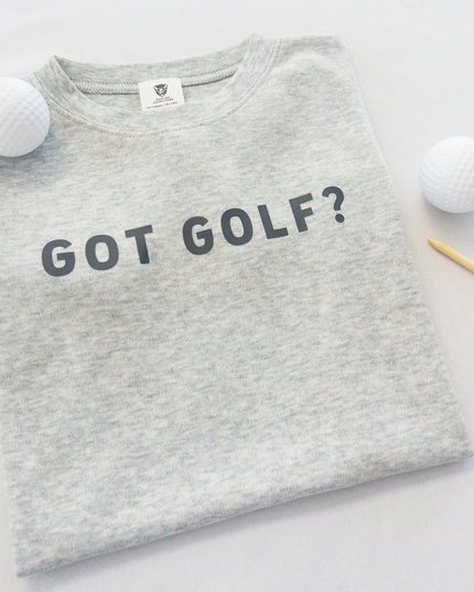 Buff Bo Outfitters' 'Got Golf?' kids' t-shirt in soft heather gray. A stylish and comfortable golf-inspired tee for young golfers who love the game.