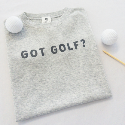 Buff Bo Outfitters' 'Got Golf?' kids' t-shirt in soft heather gray. A stylish and comfortable golf-inspired tee for young golfers who love the game.
