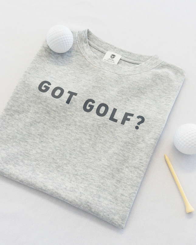 Buff Bo Outfitters' 'Got Golf?' kids' t-shirt in soft heather gray. A stylish and comfortable golf-inspired tee for young golfers who love the game.