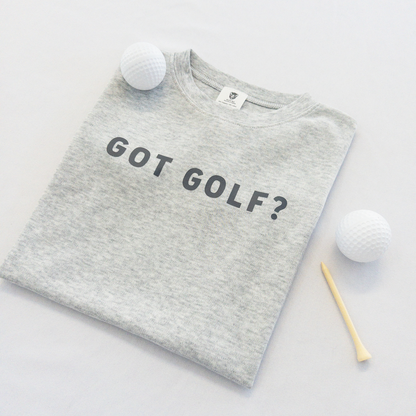 Buff Bo Outfitters' 'Got Golf?' kids' t-shirt in soft heather gray. A stylish and comfortable golf-inspired tee for young golfers who love the game.