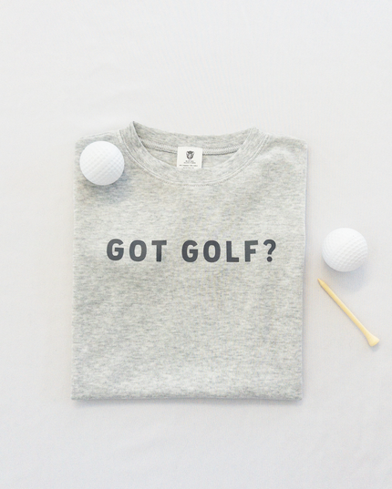 Buff Bo Outfitters' 'Got Golf?' kids' t-shirt in soft heather gray. A stylish and comfortable golf-inspired tee for young golfers who love the game.