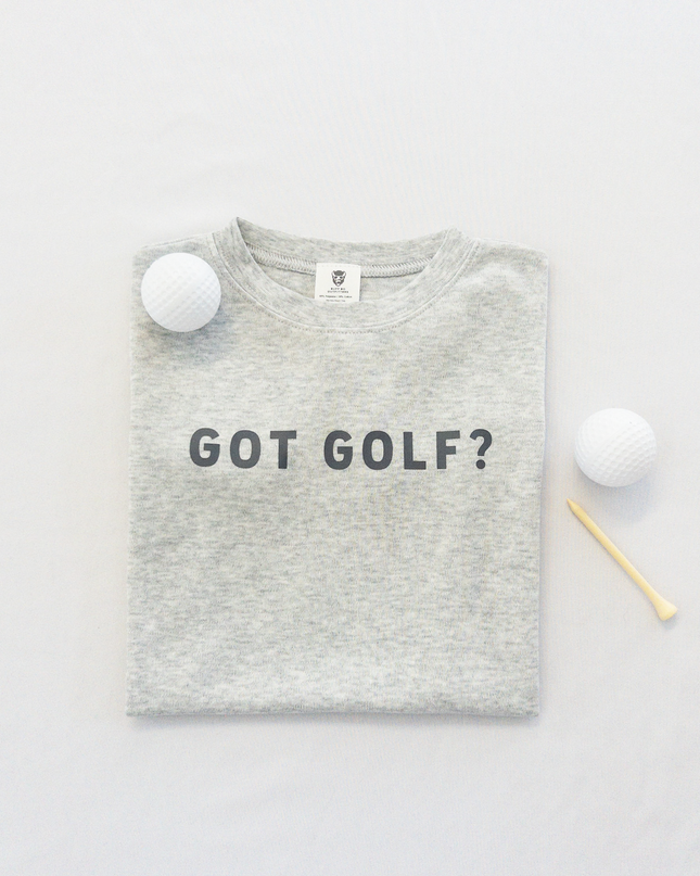 Buff Bo Outfitters' 'Got Golf?' kids' t-shirt in soft heather gray. A stylish and comfortable golf-inspired tee for young golfers who love the game.