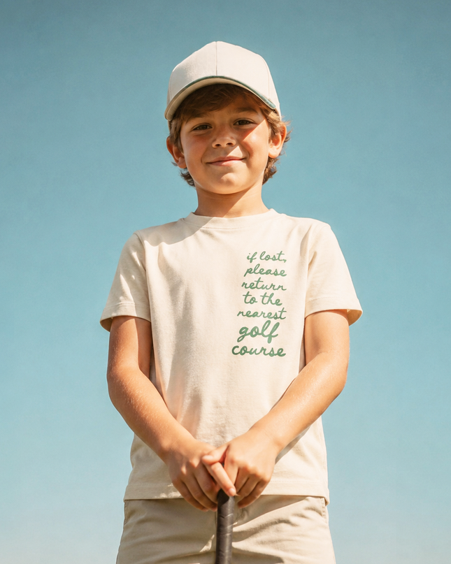 Young boy on a golf course wearing a t-shirt with text and holding a golf club.