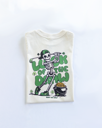 White t-shirt with skeleton design and 'Luck of the Draw' text on a white background