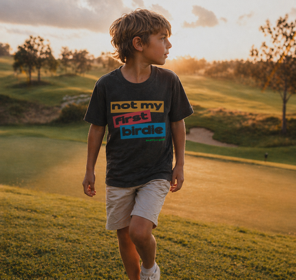 Child wearing a t-shirt with text on a golf course at sunset