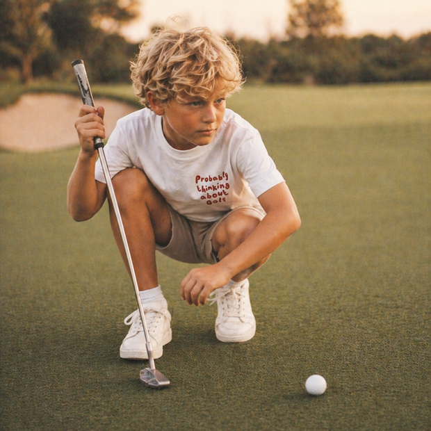 Young boy on a golf course preparing to putt with a golf club and ball.