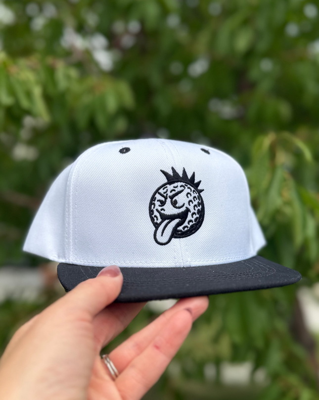 White cap with black logo held by a hand against a blurred green background