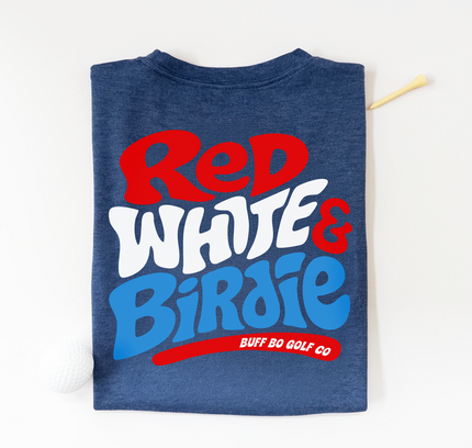 Folded blue t-shirt with 'Red White & Birdie' text on a white background