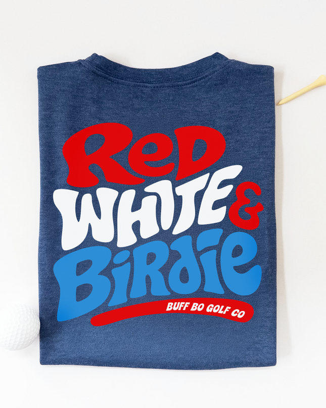 Folded blue t-shirt with 'Red White & Birdie' text on a white background