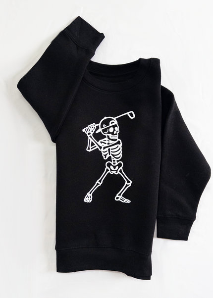 Black sweatshirt with skeleton playing golf design on a white background